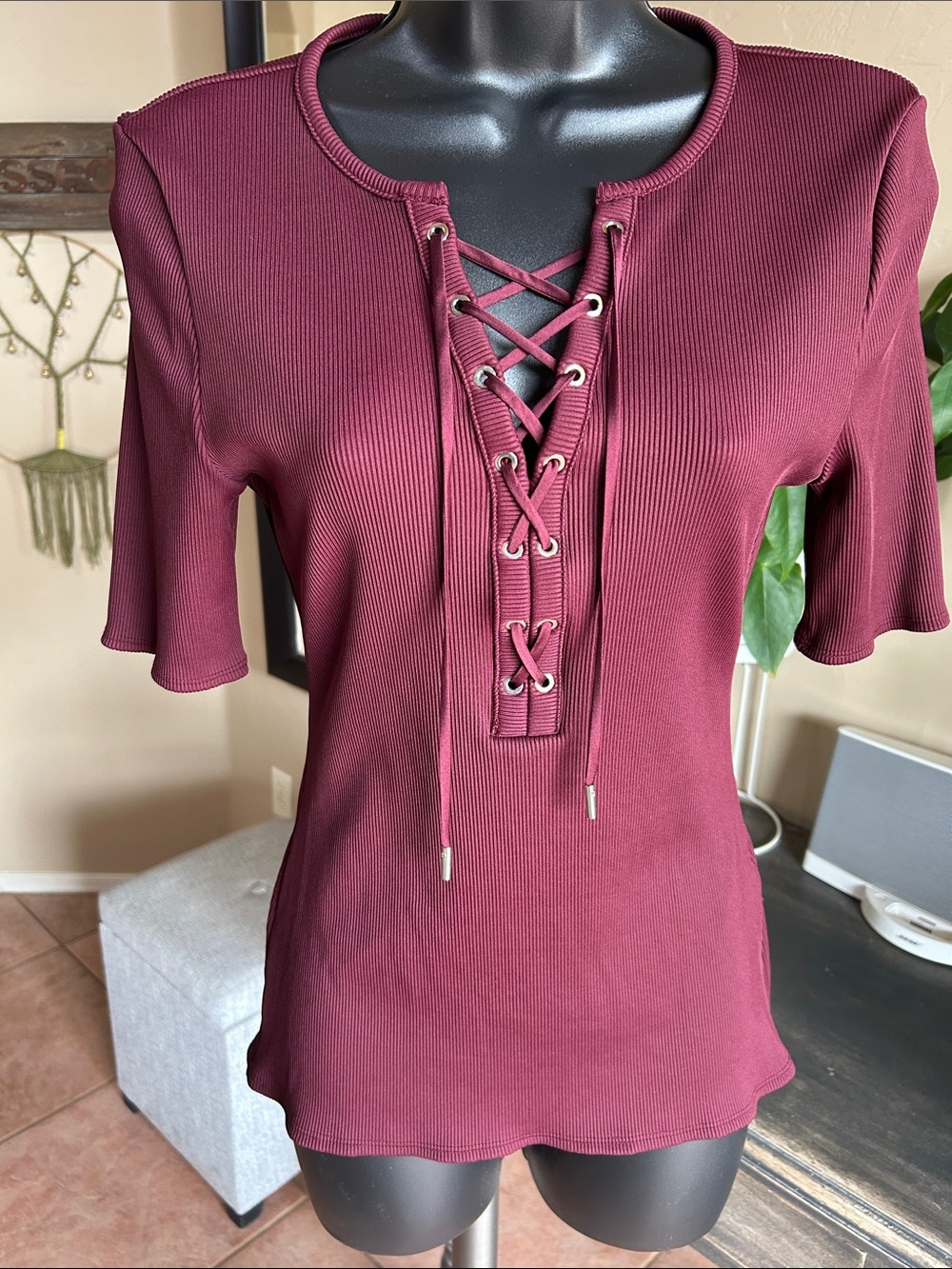White House Black Market Ribbed Lace-Up Women's Top- Burgundy